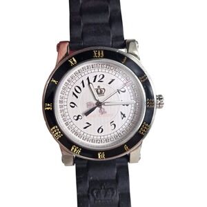Juicy Couture Women's Black Watch Silver Tone Pave Bling Pink Crown Need Battery